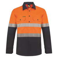 Mens Hi Vis Half Placket Cotton Drill Shirt Semi Gusset Sleeves CSR Reflective Tape